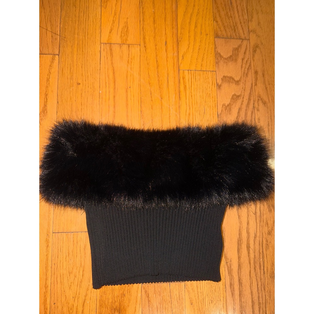 H&M Edition Black Faux Fur Trim Off Shoulder Ribbed Knit Tube Top